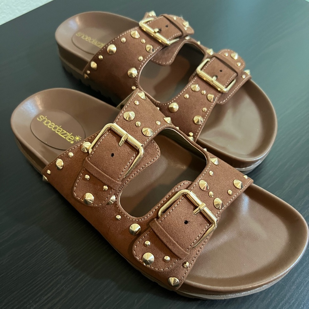 Brown and Gold Studded Sandals 7.5 NEW - Picture 6 of 12